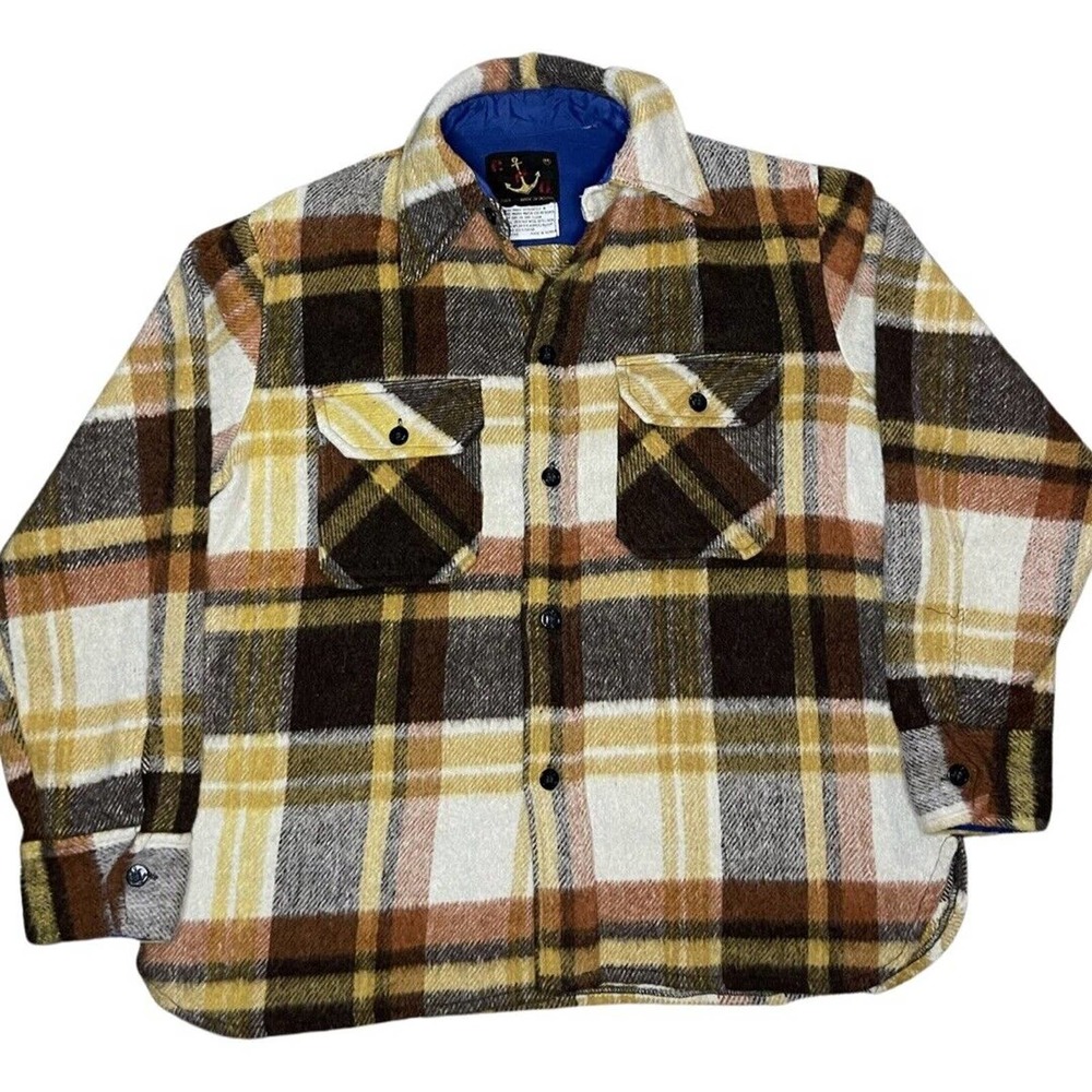 Vtg Montgomery Ward CPO thick FLANNEL Plaid Shirt Lumberjack WOOL BLEND Brown M